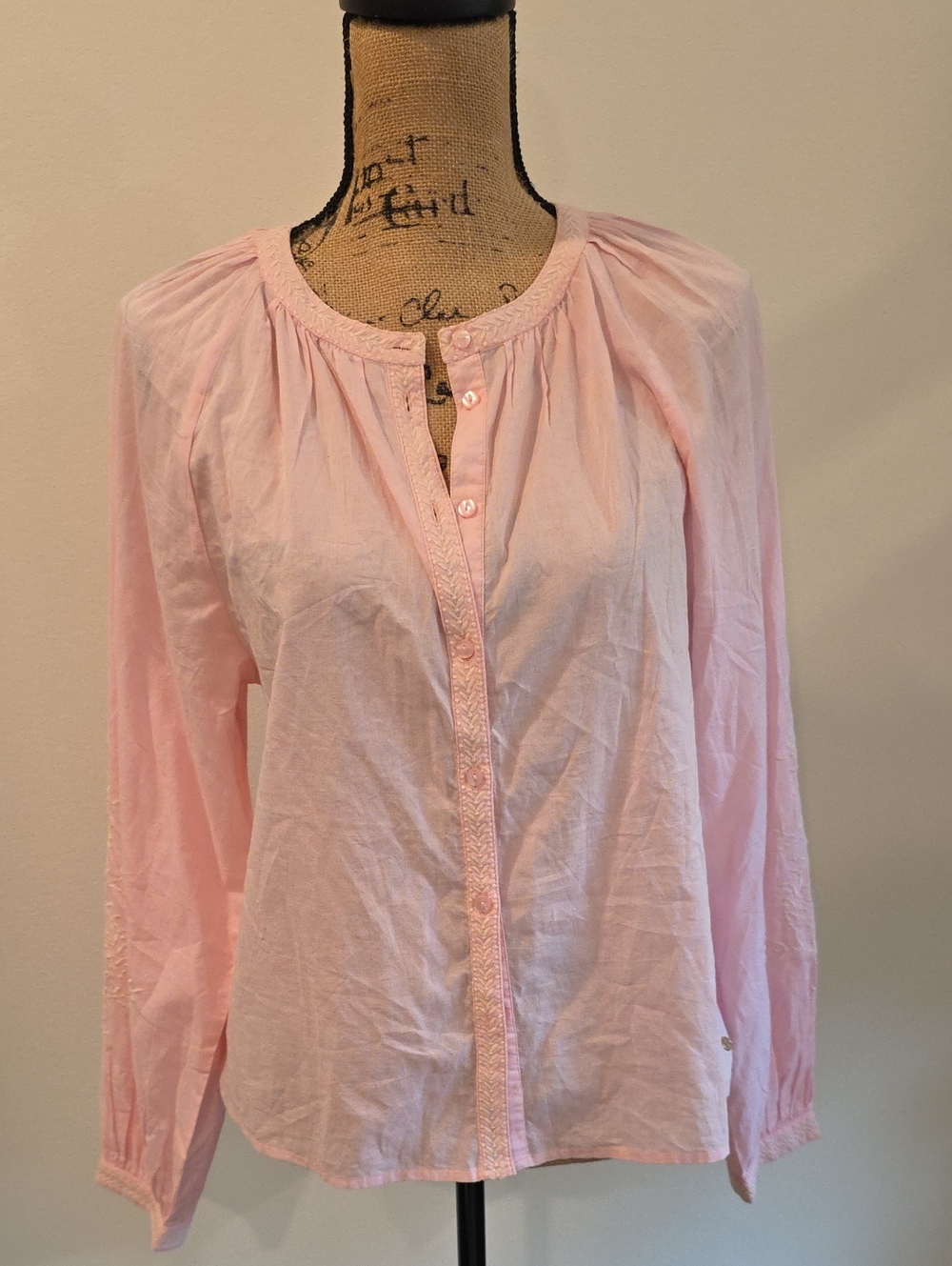 COSTES Light Pink Button-Front Peasant Blouse by